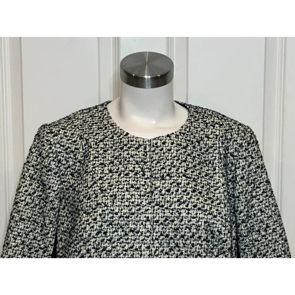 Tory Burch Lucille Metallic Tweed White & Navy Blue Wool Jacket, Size 14